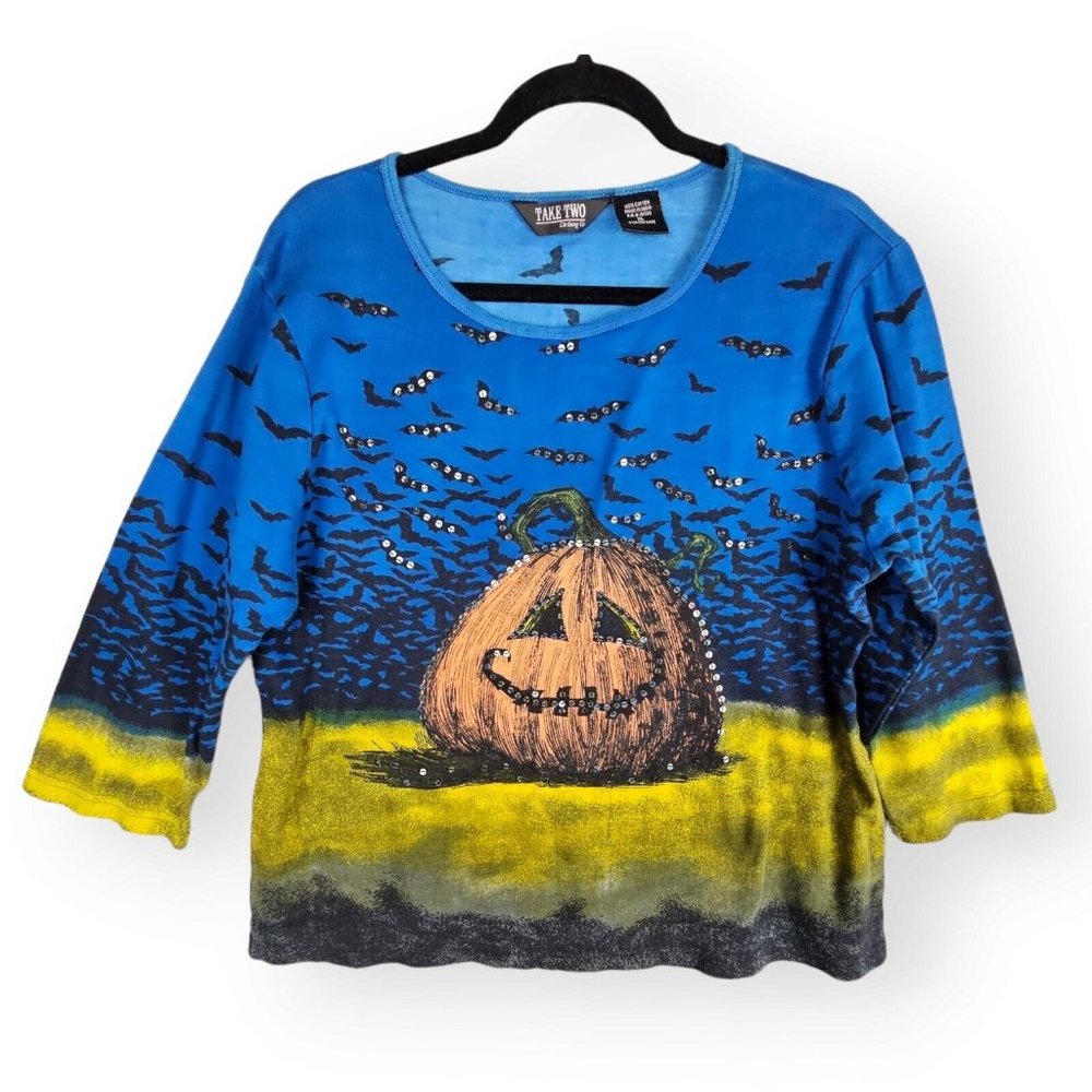TAKE TWO Clothing Co. XL Pumpkin Bats Halloween Spooky Sequin Embellished